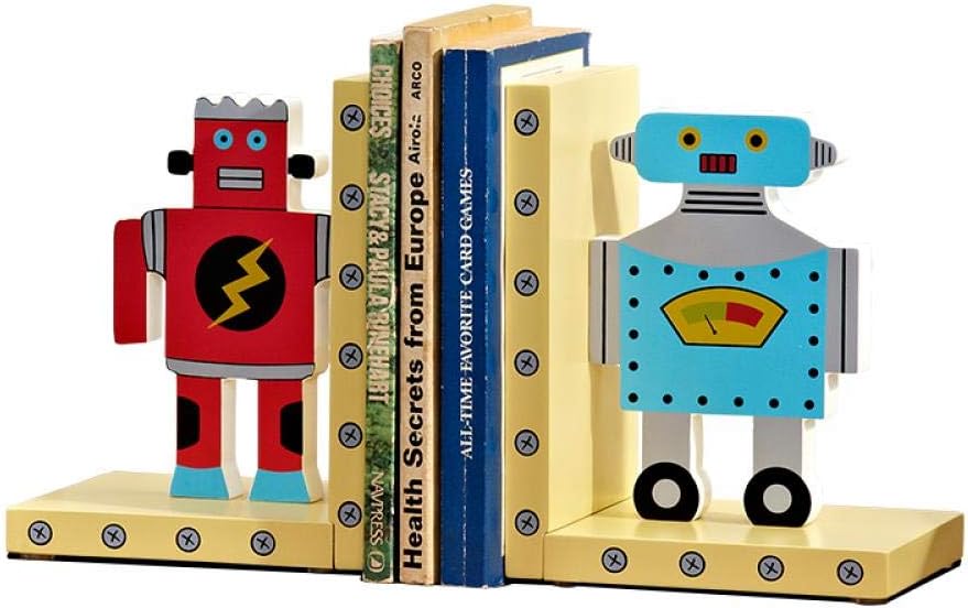 a Pair of Wooden Red and Blue Robot Bookends, Children's Room Decor.