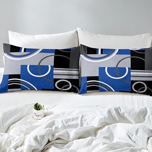 Miniatura 5 de Juego de ropa de cama azul real, negro y gris, juego de edredón de espiral, diseño de rayas abstractas con estampado geométrico a cuadros, edredón