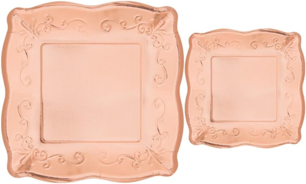 Scalloped Embossed Square Premium Paper Plates: Bundle Includes Dinner Plates and Dessert Plates for 8 Guests (Rose Gold)