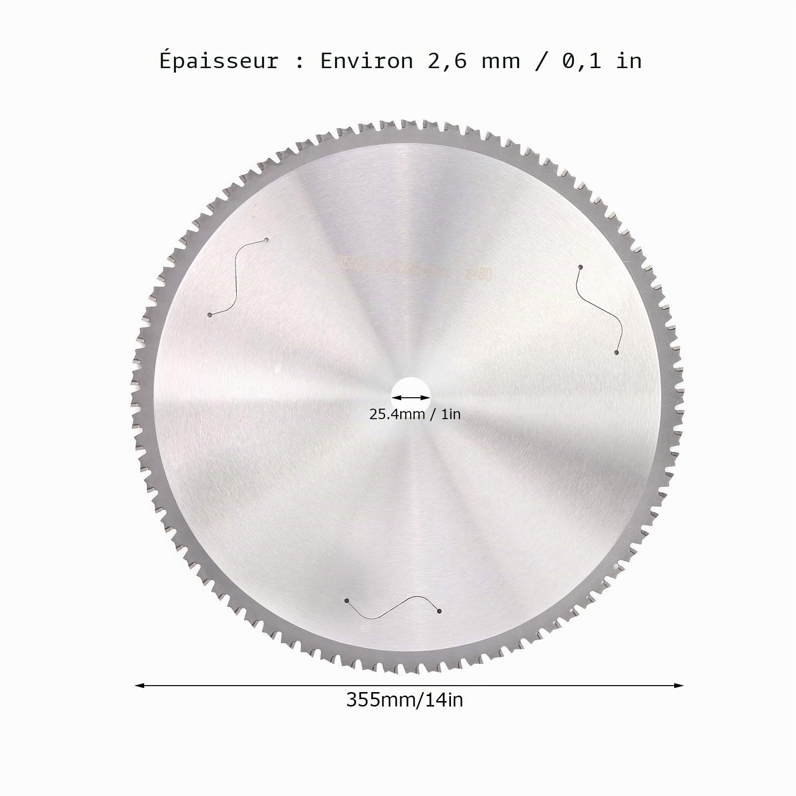 Lame de scie circulaire 355 mm pour coupe métal fer acier inoxydable disque de coupe rond 80 dents épaisseur 2,6 mm alésage 25,4 mm