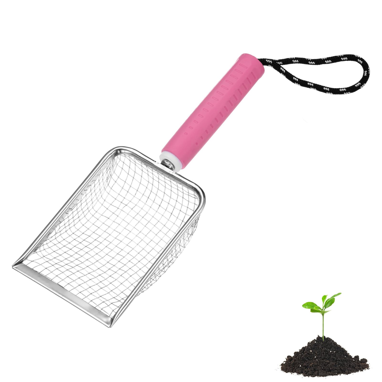M METERXITY 1-Pack Gardening Soil Sifter, 5 mm Mesh Stainless Steel Portable Gardening Sifter with Soft Handle for Sand/Dirt/Rock Compost [White, Pink]