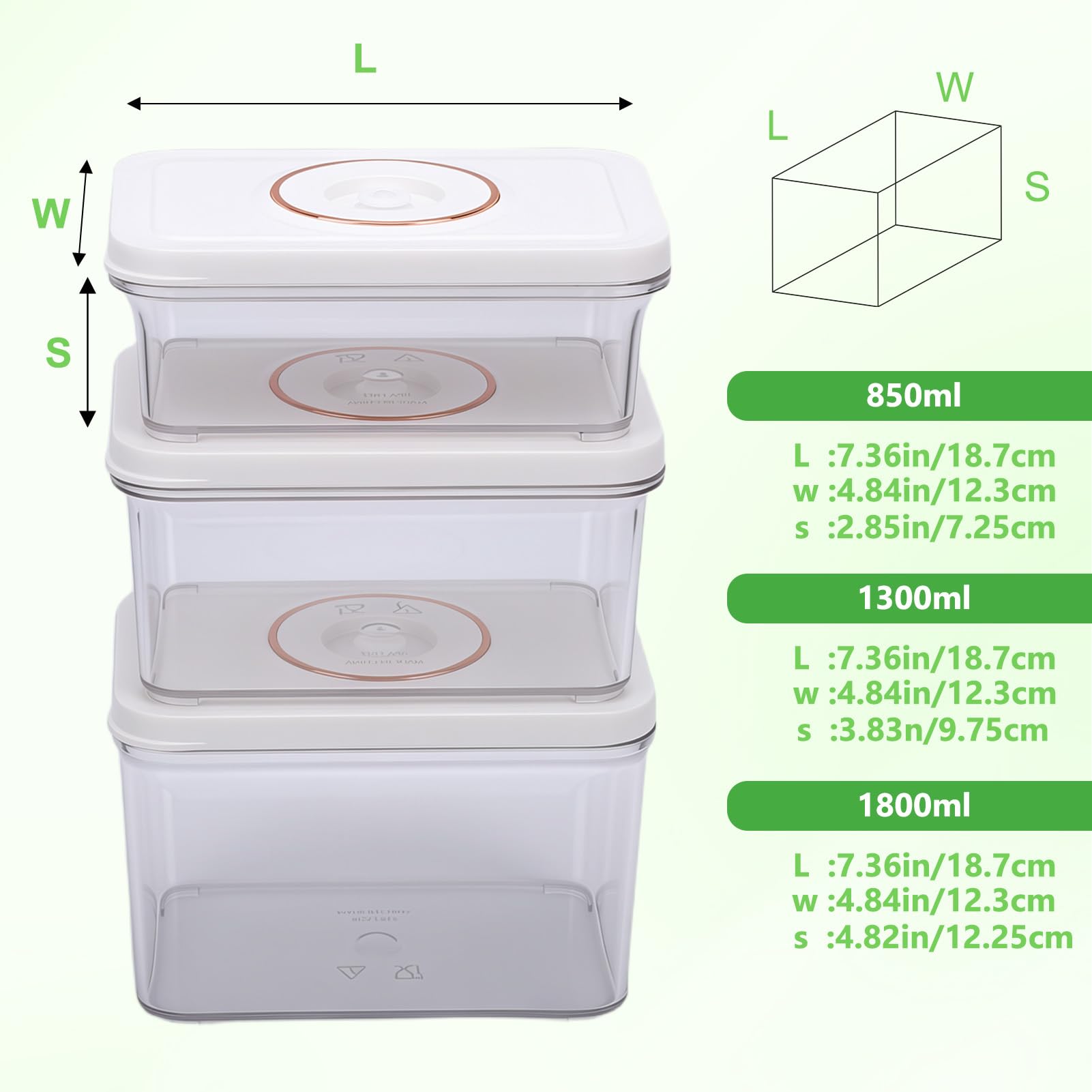 Set di 3 contenitori riutilizzabili ermetici e rettangolari, da 850 ml, 1300 ml e 1800 ml, con coperchi per sottovuoto frutta e verdura in frigorifero