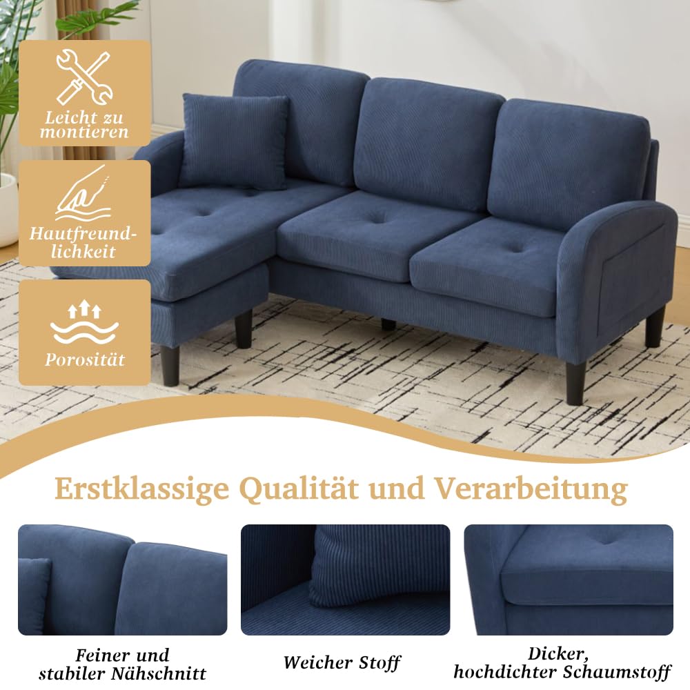 Divano angolare con chaise longue intercambiabili,divano 2-3 posti con 1 cuscino,tasche laterali,Divano imbottito,Gambe per sedie in plastica,design modulare,Velluto a coste,Blu(166x118x77 cm)