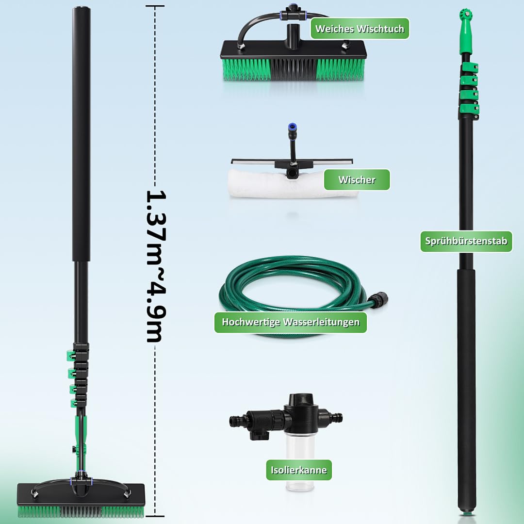 Teleskopbürste 4,8m Alu mit Wasseranschluss | Fensterputzer Set mit 360° Drehdüse, Hochdruckadapter & 10-in-1 Zubehör