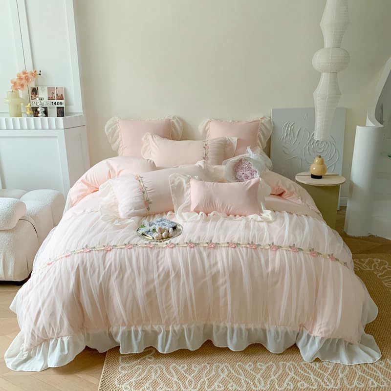 Lace Ruffled Duvet Cover Set, Girl Bedding Comforter Cover Set with Zipper Closure, Girl Princess Bedding with Pillowcase, Ultra Soft and Light Weight (Pink,Full/Queen 80"x90")