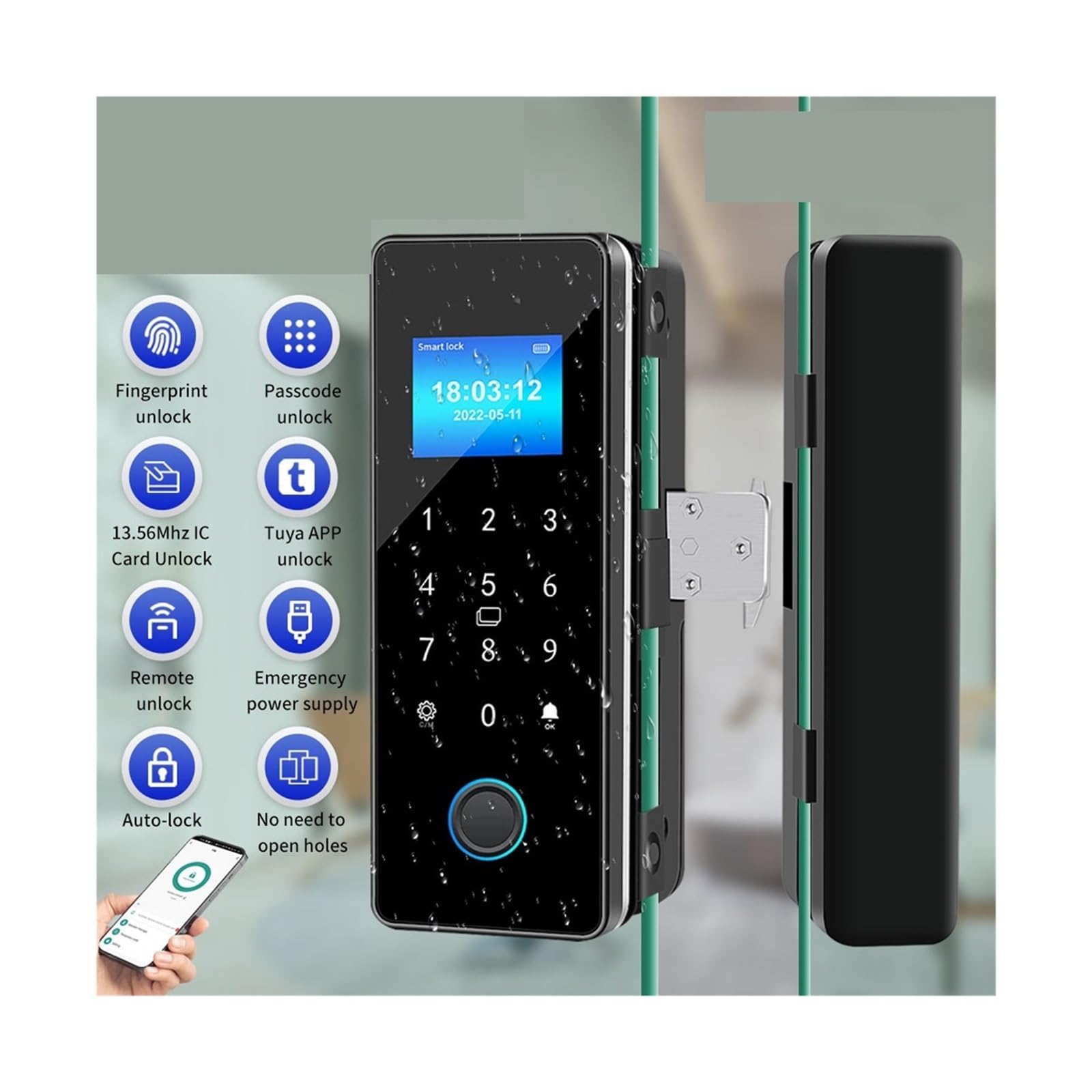 Cerradura inteligente con huella dactilar y Bluetooth for puerta corrediza de vidrio, tarjeta digital electrónica, desbloqueo remoto por aplicación, Resistente a la intemperie(A)