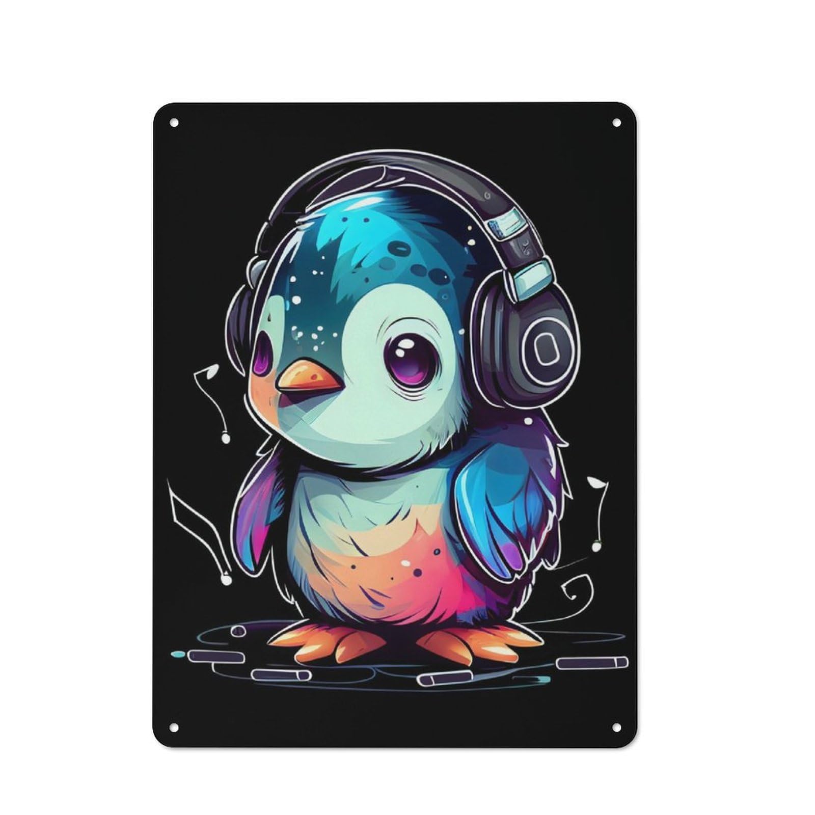Junmoney Baby Penguin With Headphon Old Fashioned Decorative Tin Sign 40X30cm, Nostalgic Wall Art For Bedroom, Office, Home Bar Or Dining Room