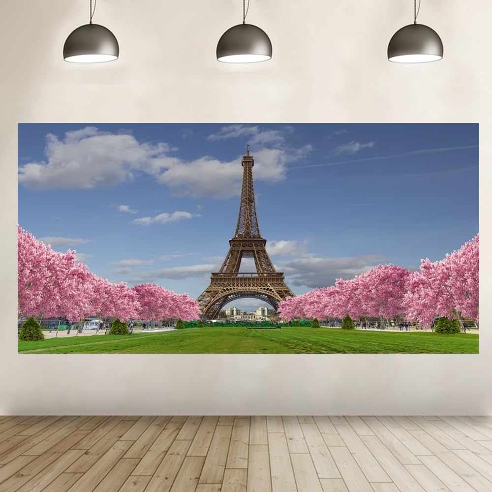 Leyiyi Fotohintergrund Eiffelturm – 6 X 3 M, Vinyl, Mit Rosa Blumen & Rasen, Für Hochzeitsfotos & Mehr
