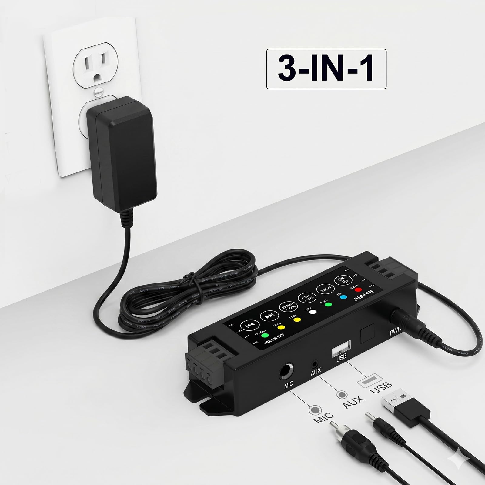 Herdio 4-kanałowy wzmacniacz Bluetooth 5,0 A, odbiornik 200 W, moc wyjściowa z zasilaczem AC-DC 19 V 3 A, montaż na ścianie, USB/MIC/AUX/TWS, do domu/garażu/sufitu/pasywnych głośników (40 W każdy