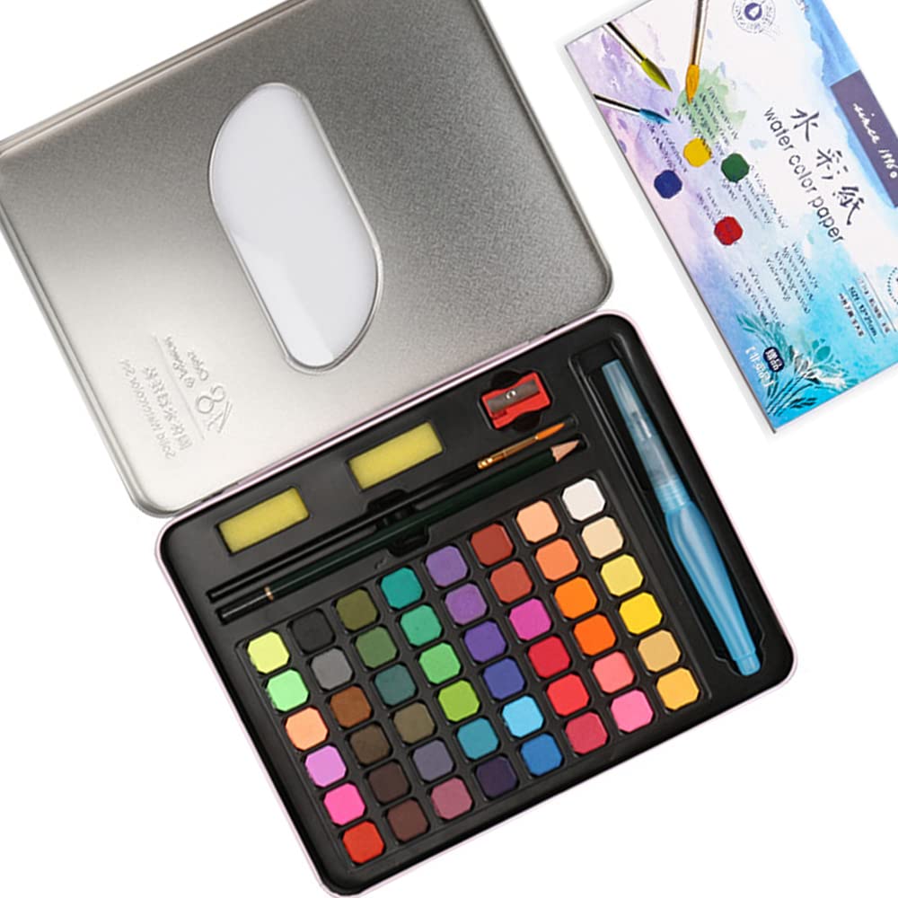 MEGICOT 48 Colors Watercolor Paint Set with Paint Brushes/2B Pencil/Watercolor Paper/Sharpener/Sponge/Pouch for water color painting kids painting Drawing Art Supplies