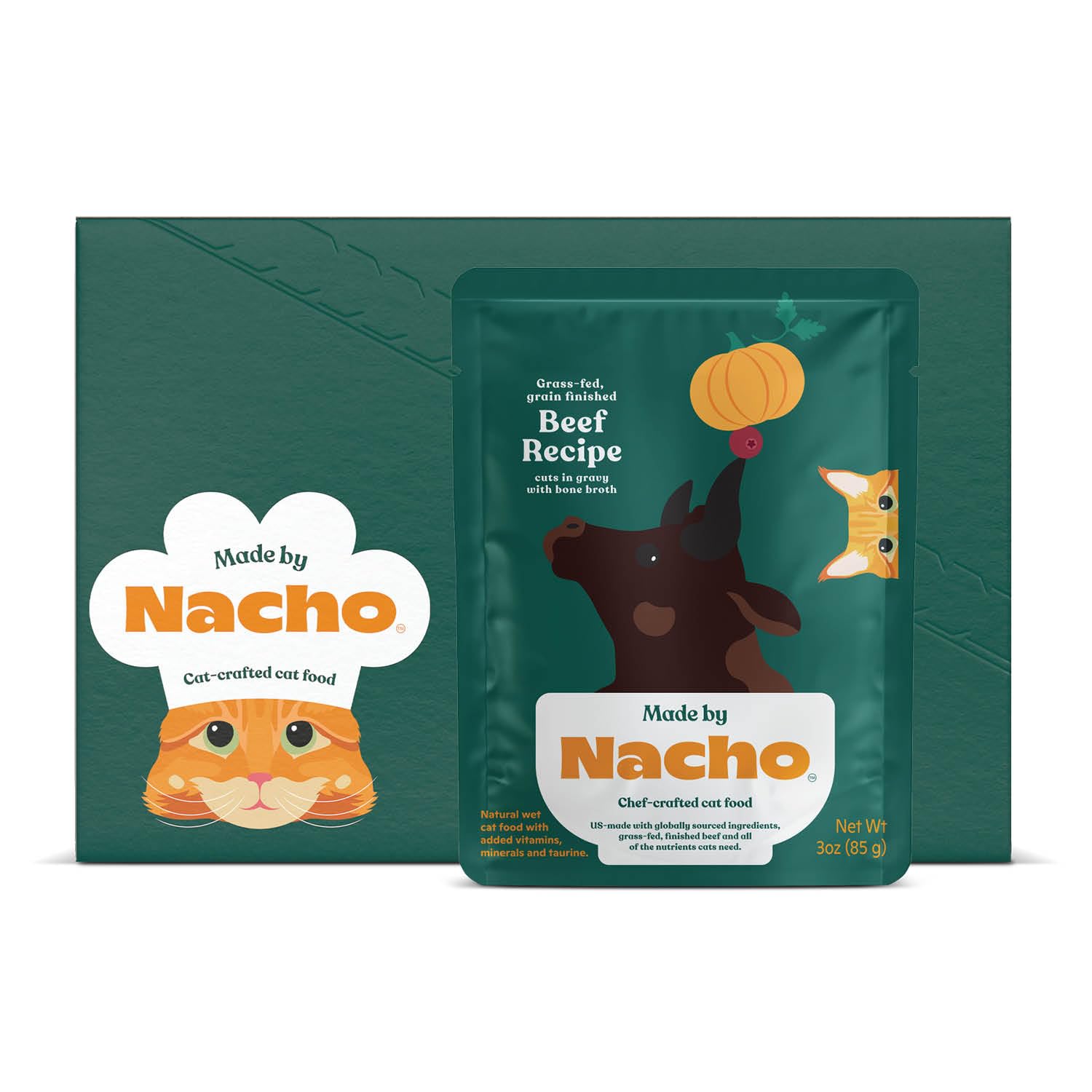 Made by Nacho Wet Cat Food, Cuts in Gravy, Limited Ingredients, Grass-Fed Grain Finished Beef Recipe with Bone Broth for Extra Hydration, (12) 3 oz.