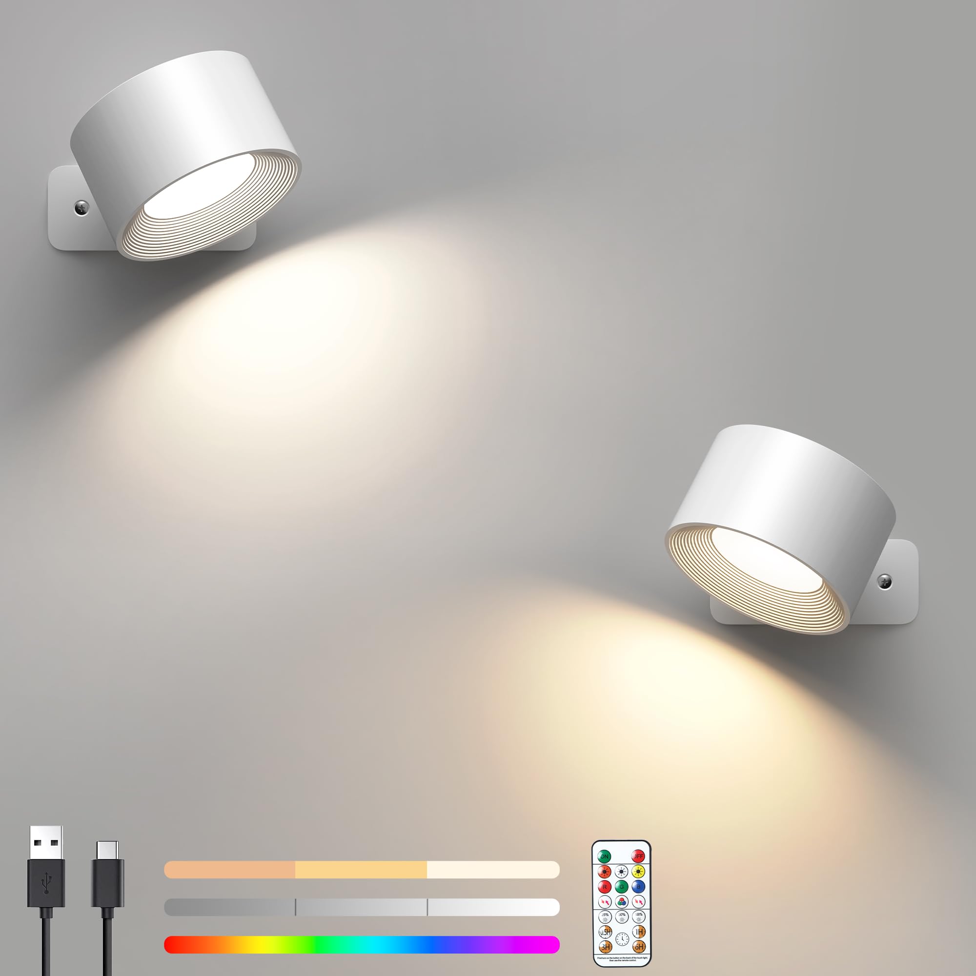 Lampara Pared RGB Color 2 Piezas- Aplique Pared Interior Dormitorio Táctil con Controlador, Función de Memoria y Temporizador, Lampara Pared Sin Cable 3 Temperatura Color 3 Brillo