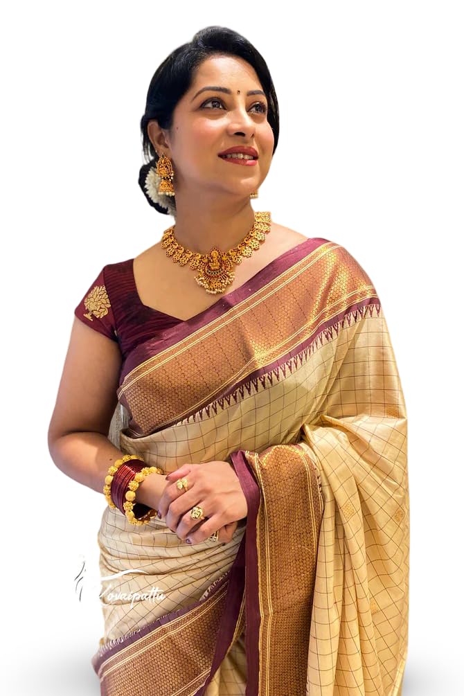 Traditional Paithani Silk Saree, Cream and Maroon with Gold Border, Checkered Pattern-image-23