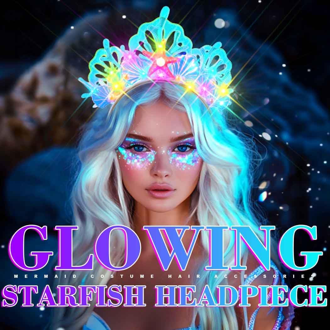 JAKAWIN Light Up Mermaid Costume Headband Seashell Headpiece Starfish Under the Sea Accessories for Women - Image 3