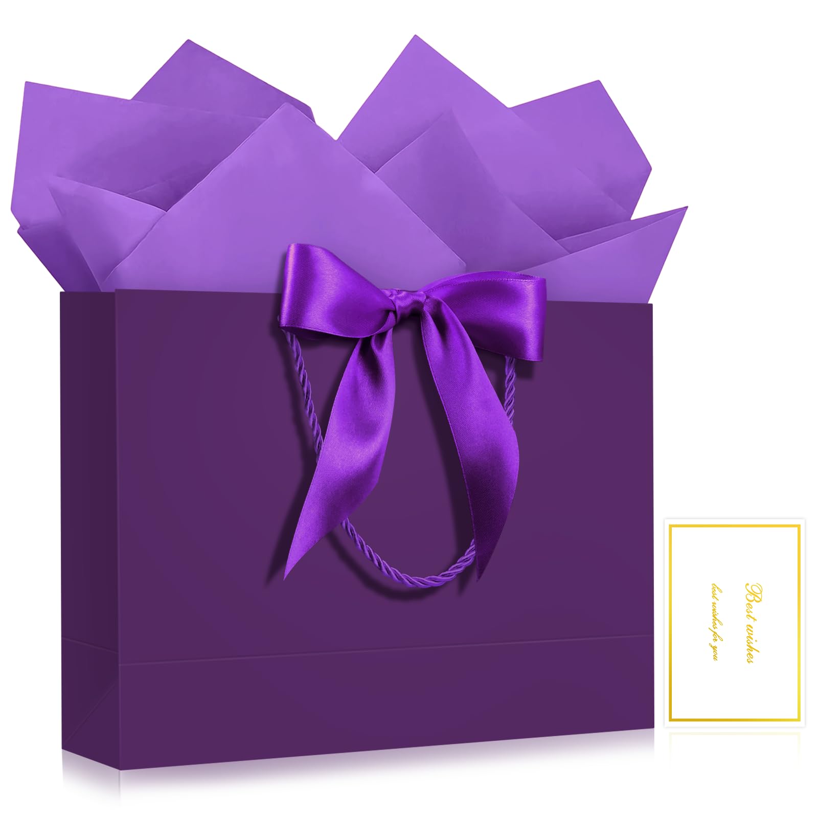 YoungTree Gift Bag with Tissue Papers and 1 Greeting Card Ribbon, Portable Paper Birthday Gift Bag with Handles, Elegant Present Bags for Valentines Day Wedding Engagement Party Supplies (Deep Purple