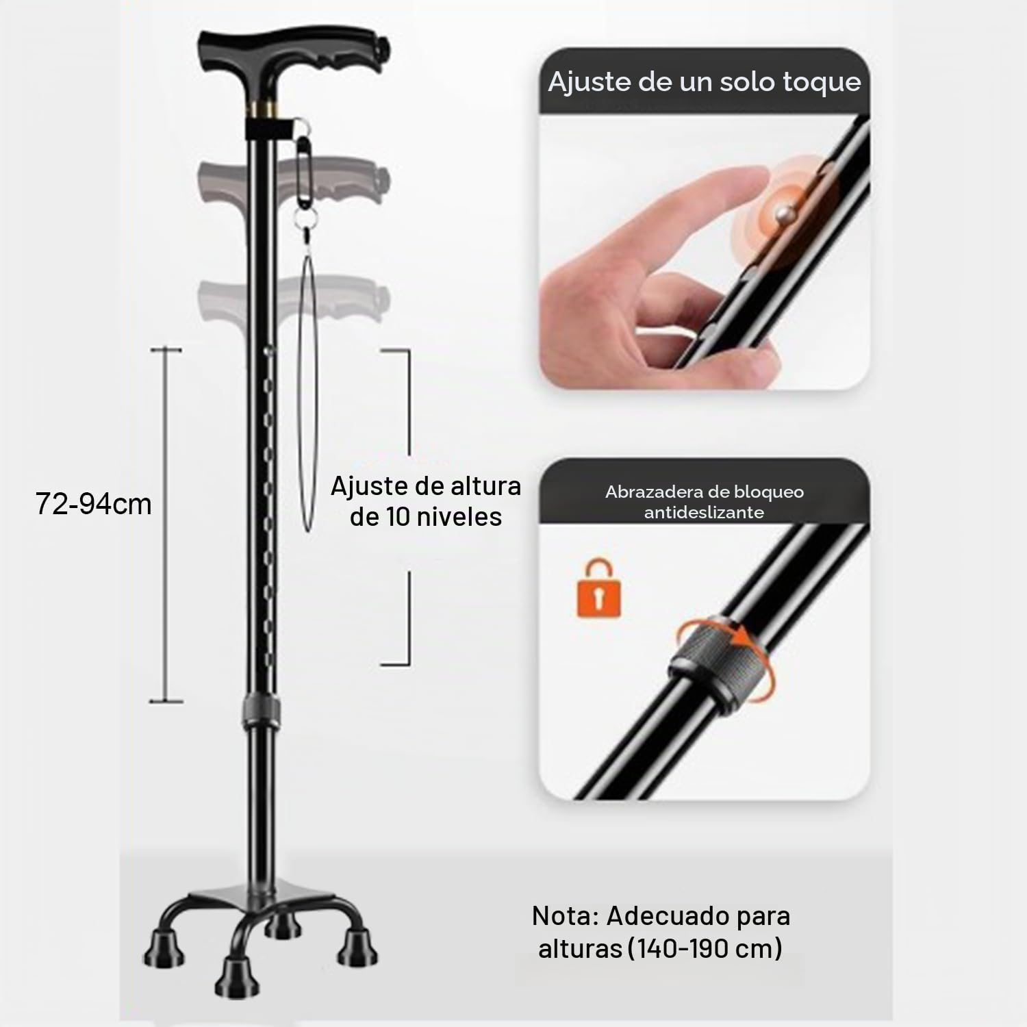 Bastón para Hombres y Mujeres,10 Posiciones De Altura Ajustable De 72 a 94 Cm,Base con Cuatro Patas Grandes,con Reposabrazos Pequeños,Bastones para Personas Mayores y Adultos