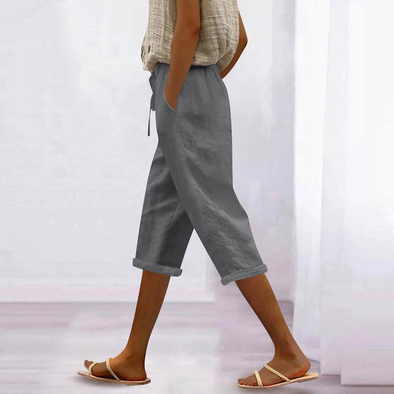 Womens Linen Capri Pants Drawstring Elastic Waist Capris Wide Leg Lightweight Beach Cropped Trousers with Pockets