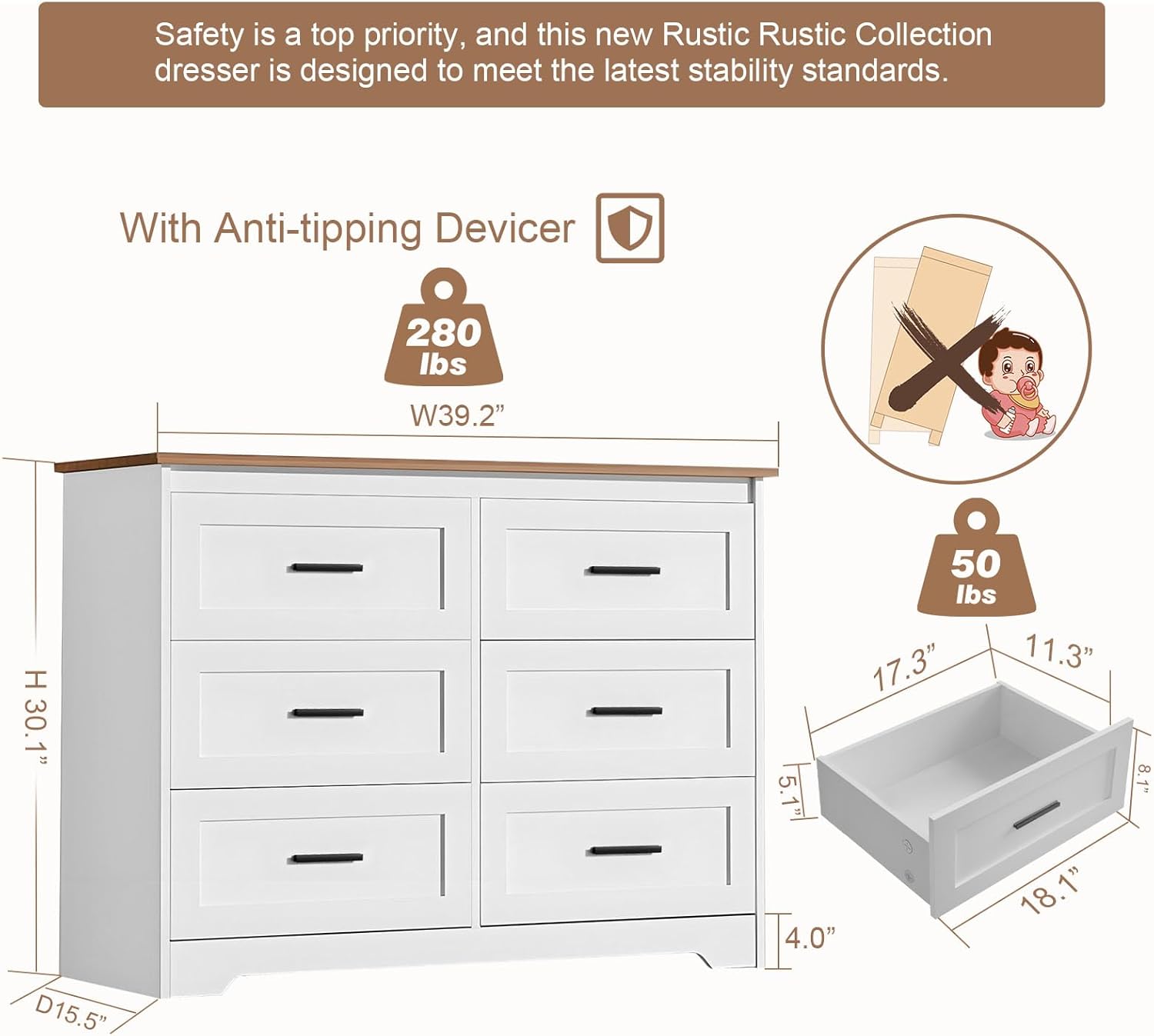 Farmhouse Dresser for Bedroom 6 Drawers Dresser with Power Outlets Rustic Chest of Drawers with Natural Texture White Organizer for Living Room Hallway