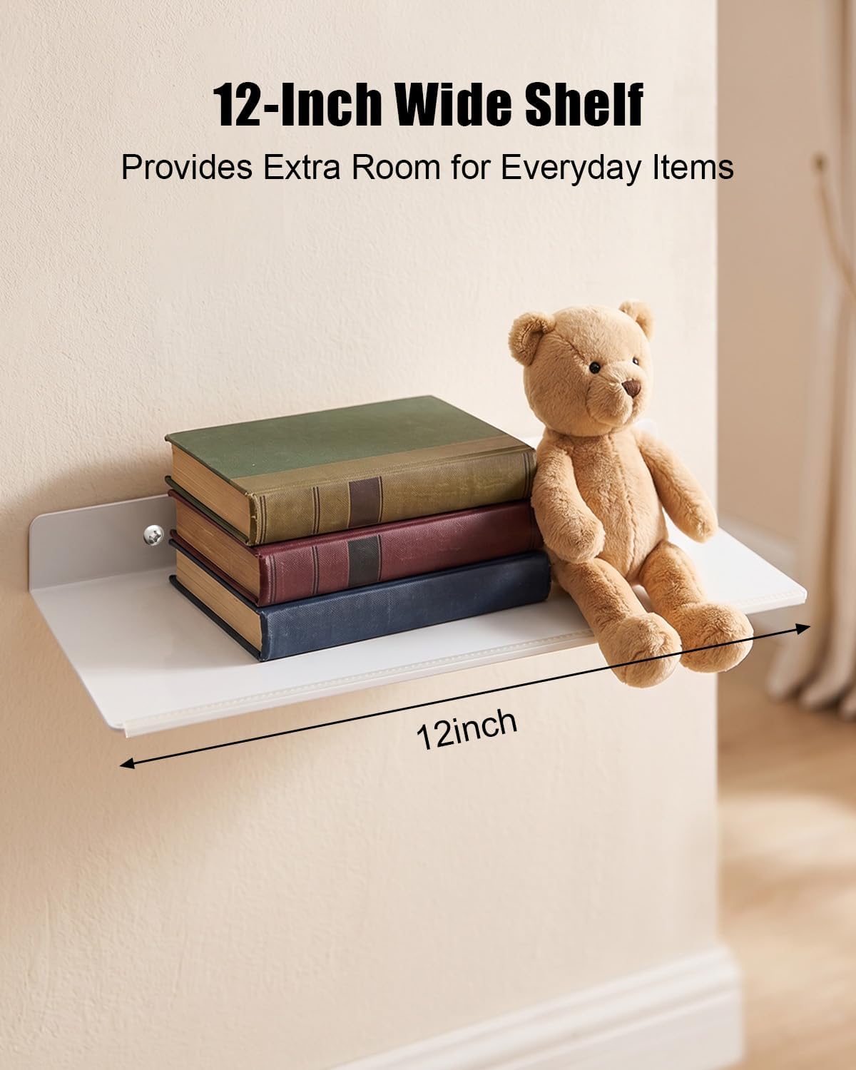 12" Floating Metal Wall Shelf 2-Pack, Wall Mount Router Shelf with Cable Hole, Heavy Duty Floating Shelves for Speakers Books Plants Cameras WiFi Router, Home Office Bathroom Storage Organizer