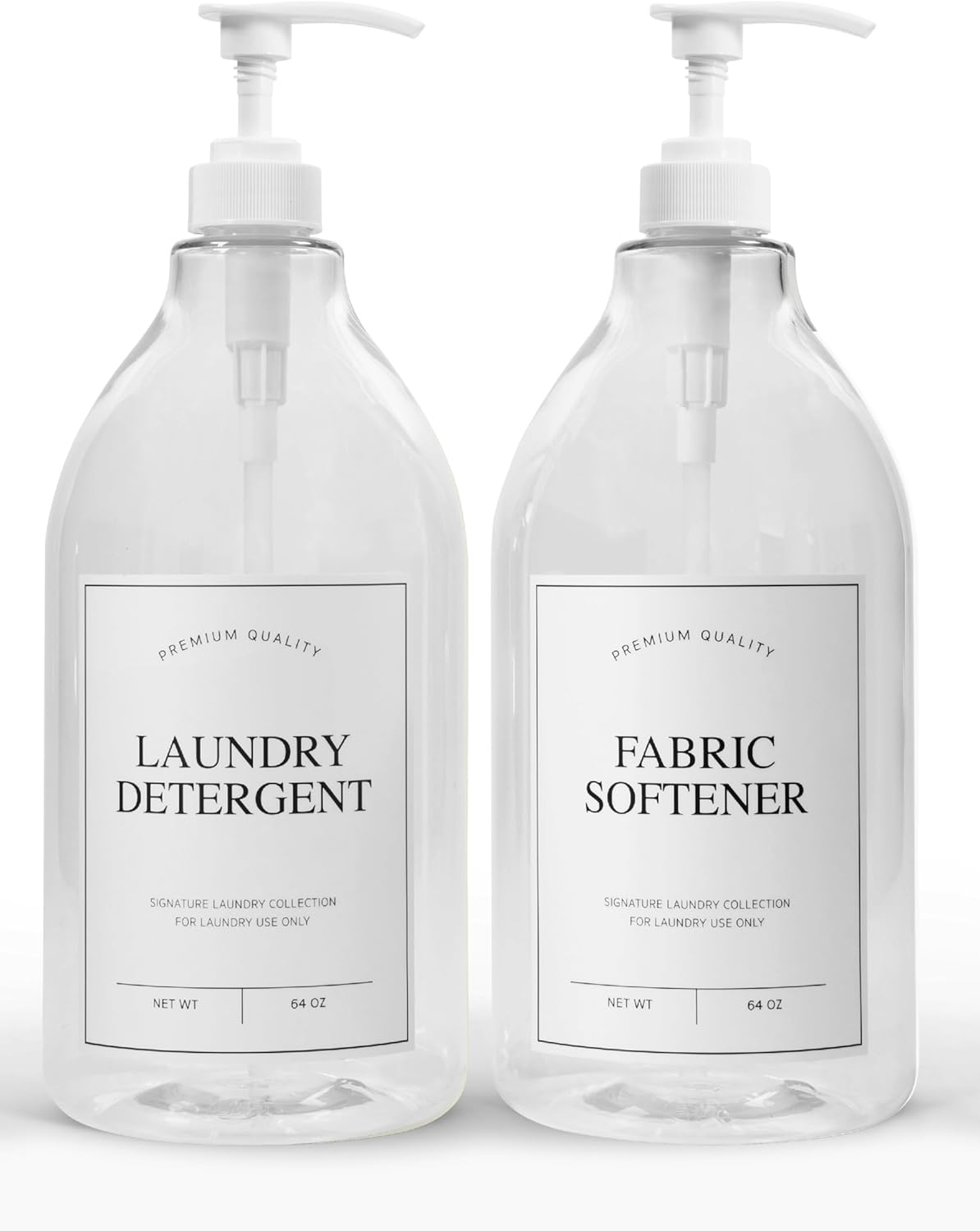 Calindiana Modern Farmhouse Liquid Laundry Detergent and Fabric Softener Dispenser for Laundry Room Decor and Organization, PET Plastic Landry Soap Containers with Water Resistant Labels, Clear 64oz