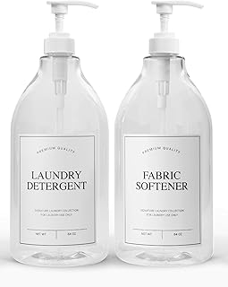 Calindiana Modern Farmhouse Liquid Laundry Detergent and Fabric Softener Dispenser for Laundry Room Decor and Organization, PET Plastic Landry Soap Containers with Water Resistant Labels, Clear 64oz