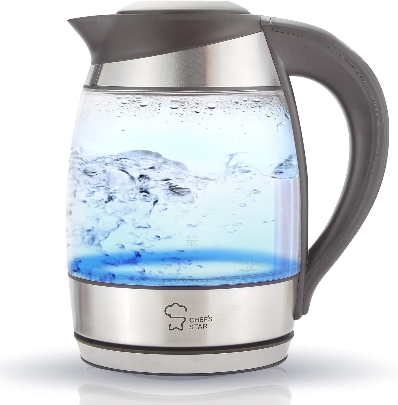 Chef's Star Electric Kettle, Glass Tea Kettle, Tea Warmer, Hot Tea Maker, Stainless Steel Bottom with LED Indicator and Auto Shut Off Protection, BPA-Free, 1500 watts, 1.7 Liters.