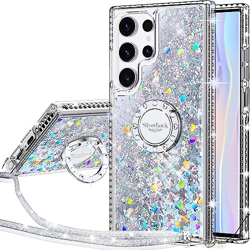 Silverback for Samsung Galaxy S22 Ultra Case, Moving Liquid Holographic Sparkle Glitter Case with Kickstand, Girls Women Bling Diamond Ring Slim Protective Case for Galaxy S22 Ultra, Clear Silver