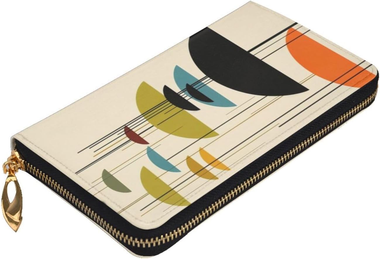 FEMOS Leather Wallet Long Purse Clutch Bag Large Capacity Zip-Around Credit Card Holder Wallet Women Mens/Mid Century Modern Prints