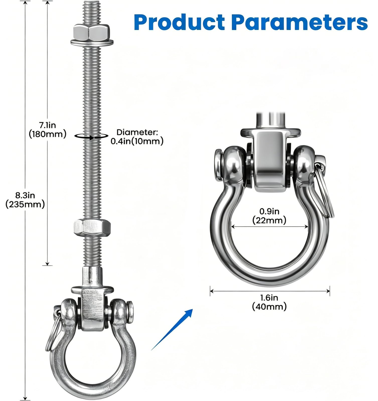 6 Colgador de Hamaca, Ganchos de Hamaca Resistentes M10, 235mm Ganchos de Suspensión con Rodamientos de Acero INOX, Soporte de Montaje de Techo Giratorio para Techos Hormigón, 1500lbs
