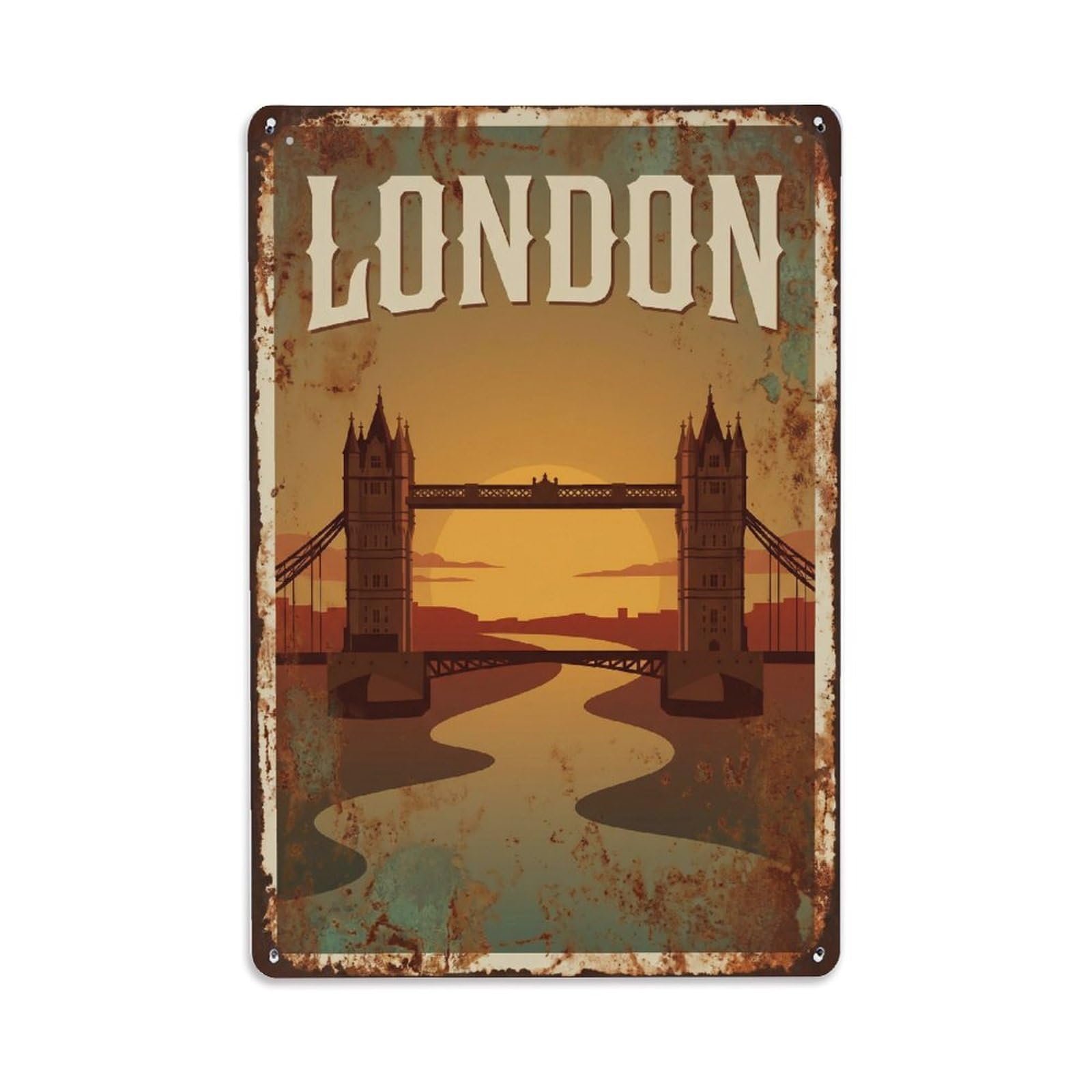 Vintage Travel London Tower Bridge Sunset Rusted England Metal Tin Sign Plaque Wall Decor for Cafe, Club Bar, Office, Home Garden Metal Poster 8x12Inch