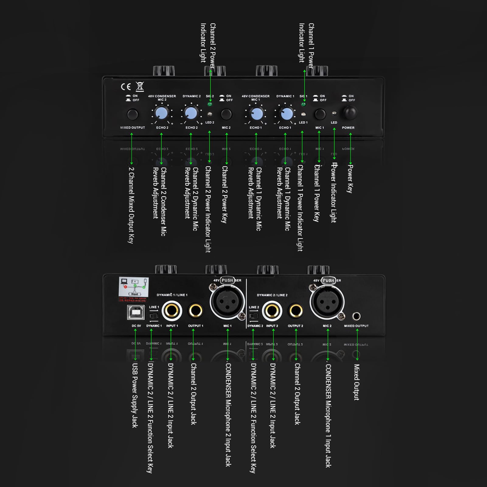 Cuifati 2-Kanal-Phantomspeisung mit 3,5-mm-Audiokabel, Iron Dynamic Condenser Mic Phantomspeisung Mischverstärker für Musikaufnahme-Studioausrüstung