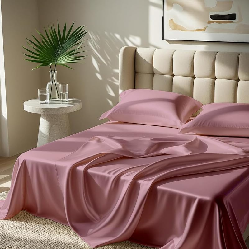 Image of Premium Satin King Size (92x106 Inchs) with 2 Pillow Cover Bedsheet Ultra Soft & Silky Smooth, Breathable Cooling Fabric, Luxury Glossy Finish|Light Mauve
