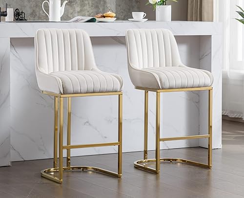 EALSON Taburetes de bar modernos de altura de mostrador, juego de 2 cómodos taburetes de bar tapizados de lino con respaldo y base de metal,