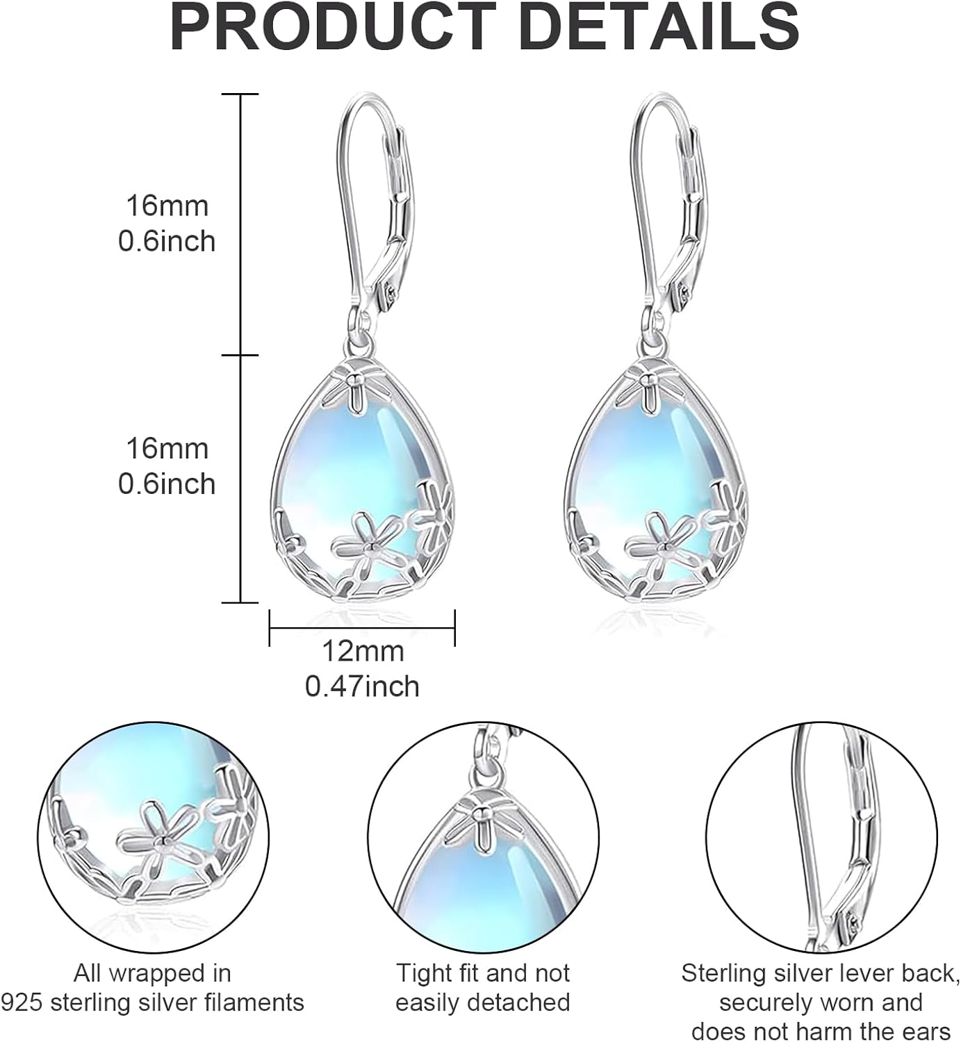 Moonstone Earrings 925 Sterling Silver Dangle Earrings For Women Leverback Earrings Moon Stone Jewelry Gift For Women - Image 2