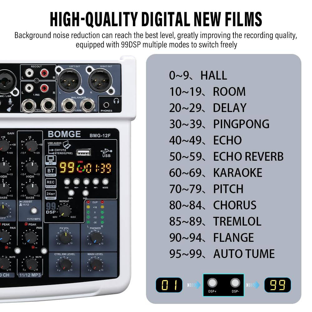 BOMGE Mixer Audio Professionale, 12 Canali, Bluetooth, USB, Alimentazione 48V, Ingressi XLR/RCA, Effetti DSP