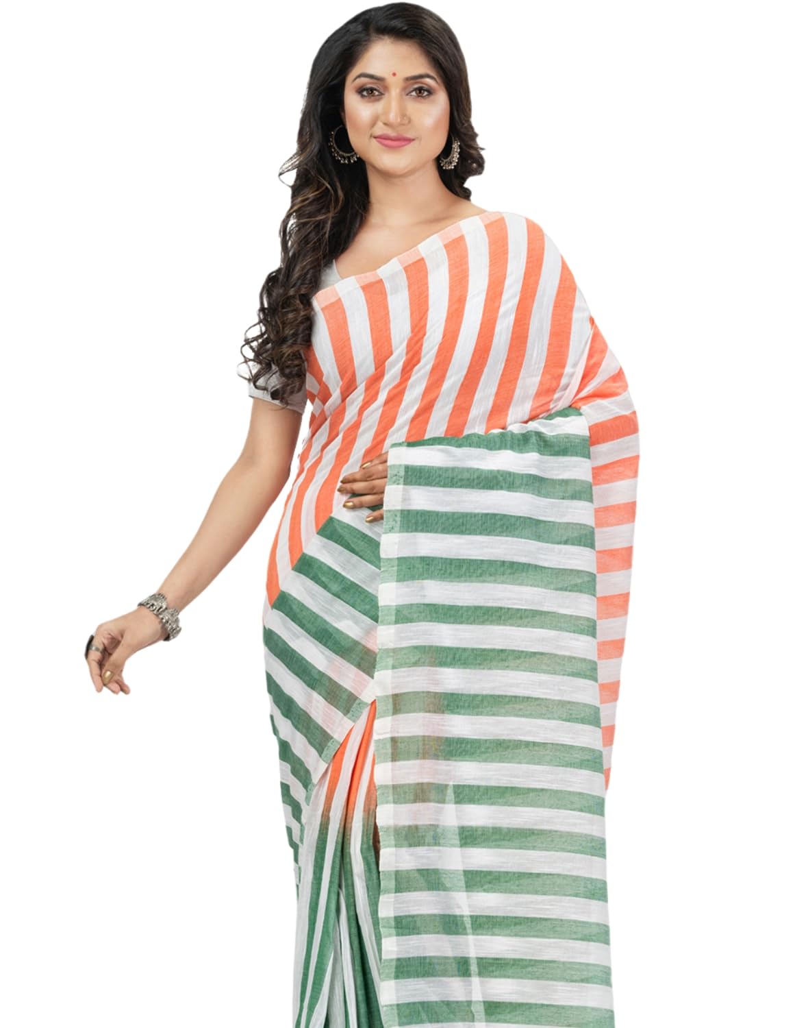 db desh bidesh Women`s Pure Cotton Stripe Handloom Tricolor Sarees for Independence Day Tant Malmal Tiranga Saree With Blouse Piece-picture-35