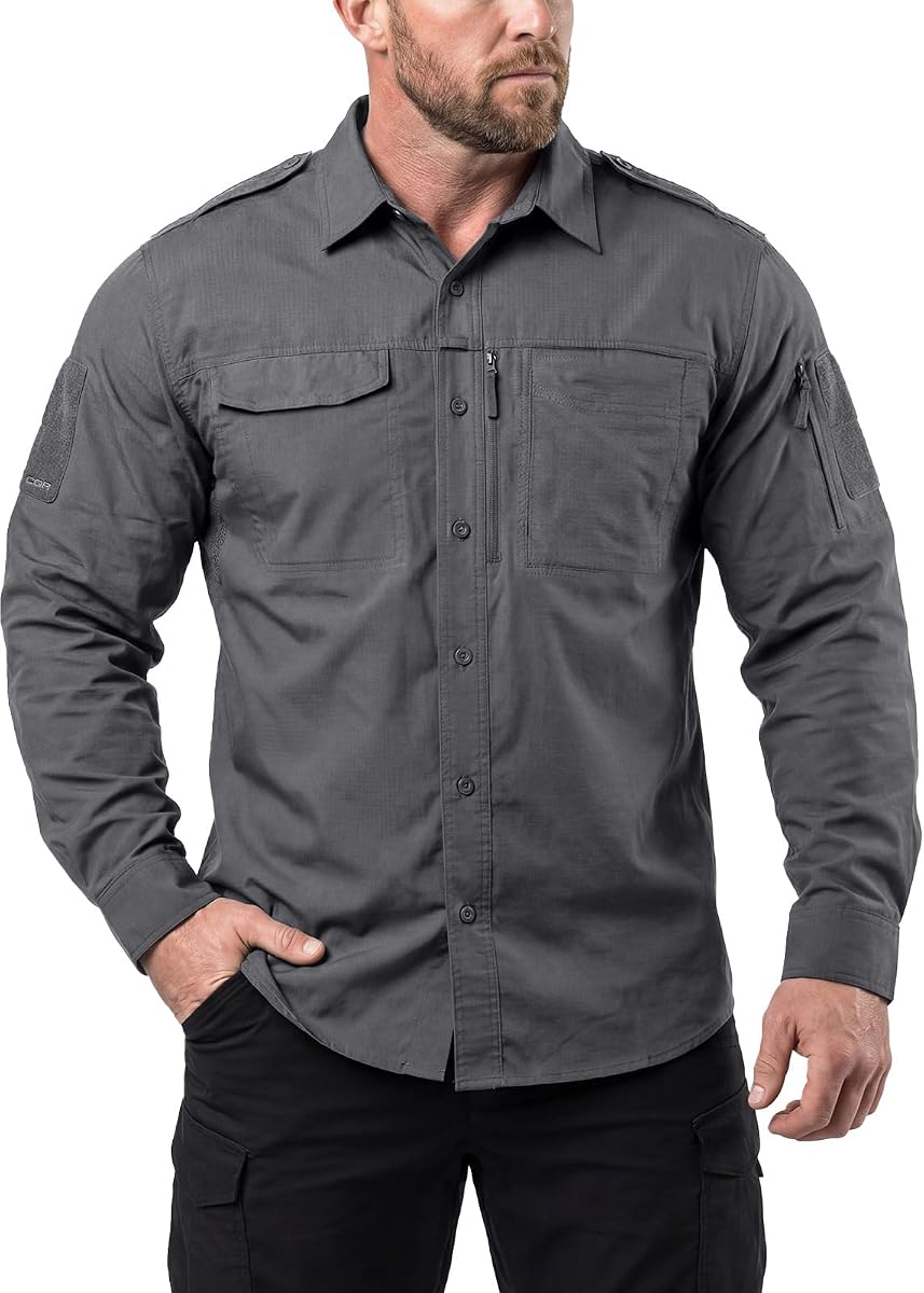 CQR Camisas tácticas de Manga Larga para Hombres, Camisas de Trabajo Militar Ripstop, Camisa de Senderismo al Aire Libre con Botones Transpirables UPF 50+