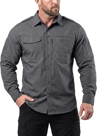 CQR Mens Long Sleeve Tactical Shirts, Ripstop Military Work Shirts, UPF 50+ Breathable Button Down Outdoor Hiking Shirt