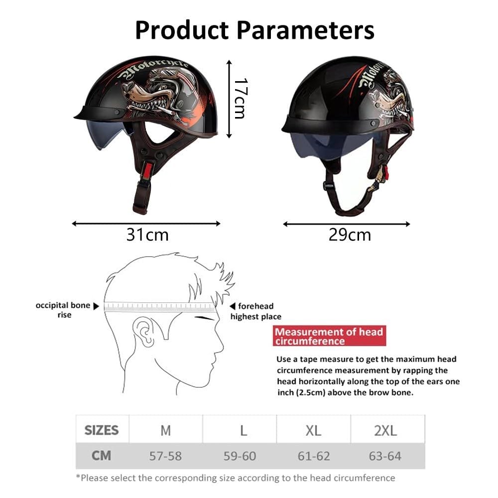 Retrò Mezzo Casco, Adulto Uomini Donne Stile Tedesco Casco a Faccia Aperta, Personalità Harley Caschi Motociclisti, ECE/DOT Certificato, per Scooter Incrociatore Chopper Moto