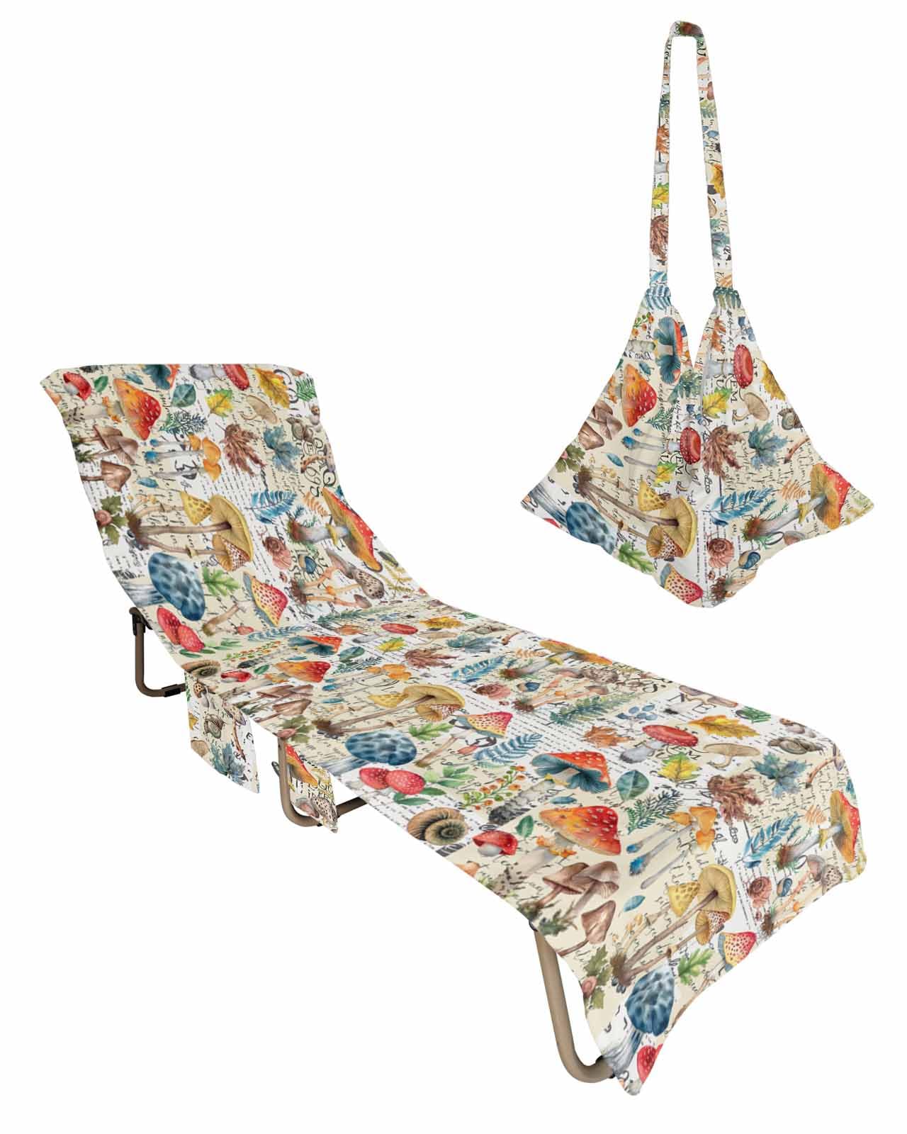 Colorful Mushroom Beach Lounge Chair Towel Cover, Soft Chaise Lounge Towel with Side Pockets Patio Pool Chairs Cover for Beach/Pool Sunbathing 29x85 Spring Floral Summer Botanical Rustic