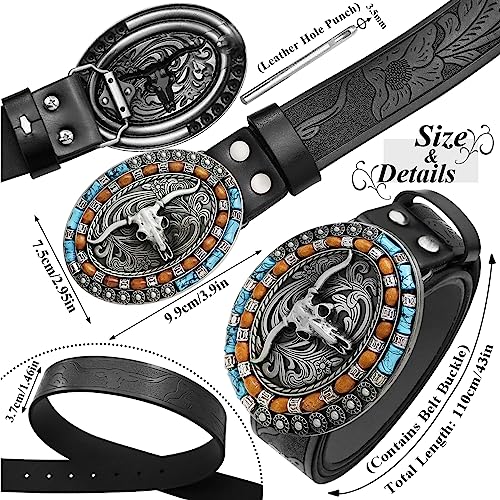 RechicGu Western Cowboy Black Leather Belts With Long Horn Bull Buckles, Floral Engraved Rodeo Belt Strap for Men Women Gift2