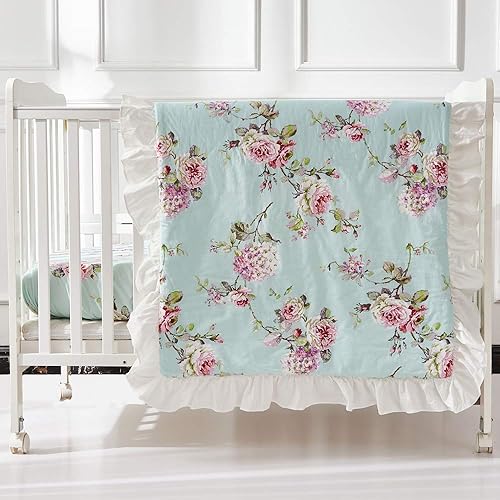Brandream Juego de ropa de cama de cuna francesa para niñas, juego de guardería floral de 3 piezas, edredón de bebé con volantes, sábana de cuna,