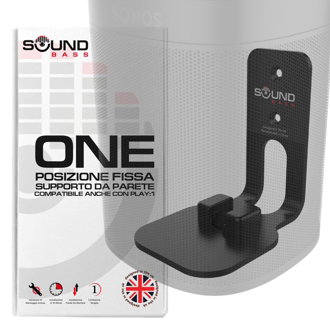 Sound bass ONE, ONE Gen 2, ONE SL & Play:1 Staffa per montaggio a parete, nero, compatibile con Sonos ONE, ONE Gen 2, ONE SL & PLAY1 Altoparlante, Progettato nel Regno Unito