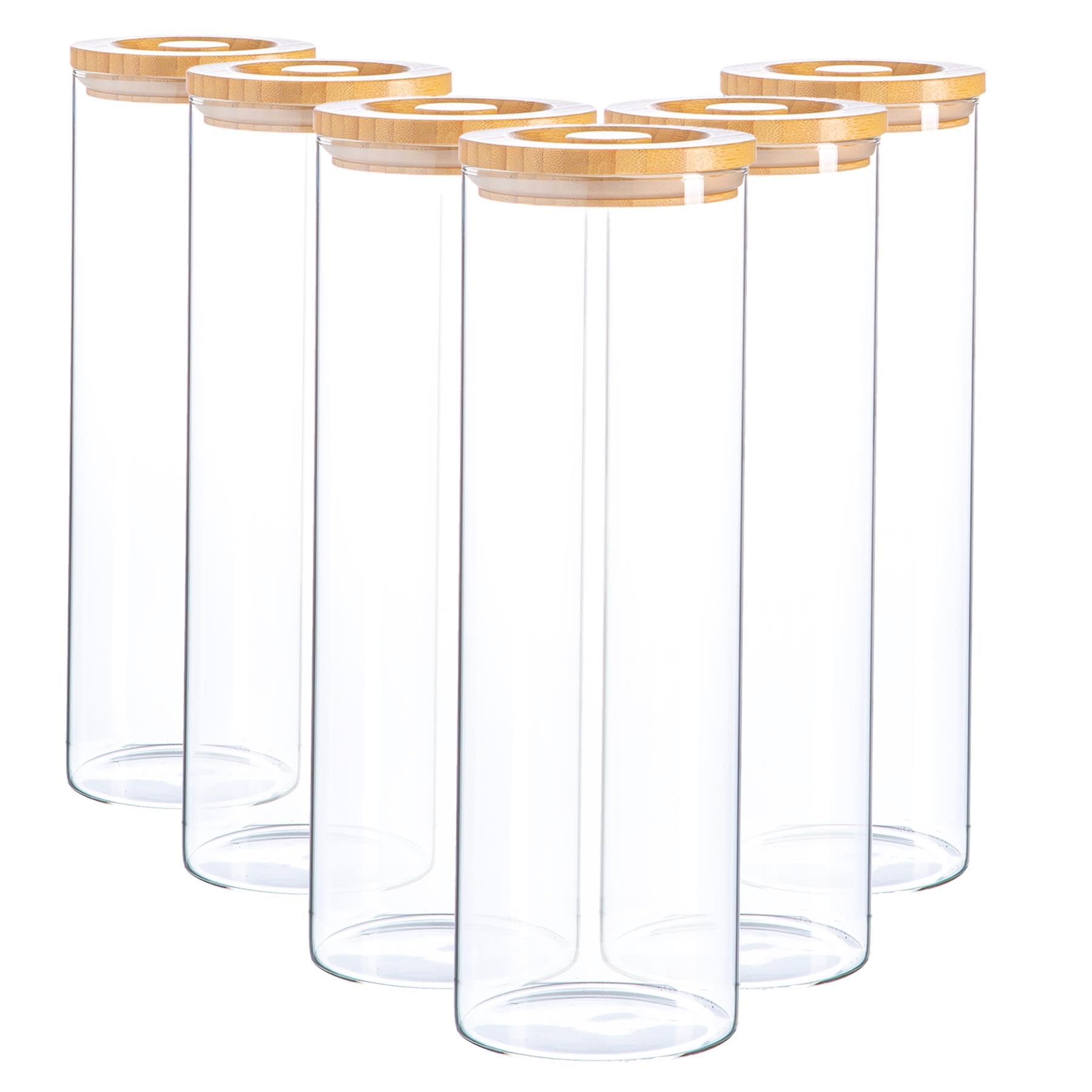 Argon Tableware Brown Scandi Storage Jars With Wooden Lids - 6 Pack - Modern Round Organisation Container Glass Jar For Kitchens, Pantry, Bathrooms, Utility Rooms 2000Ml