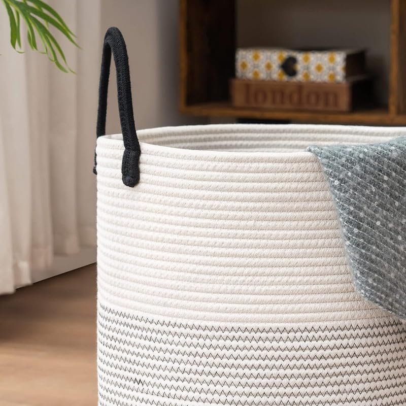 Image of Jute Cotton Rope Laundry Basket with Handles, Large Tall Clothes Hamper for Bedroom, Baby Nursery, Bathroom, Laundry Room & Home Storage Organizer (14x16 Inch, White Black Grey)