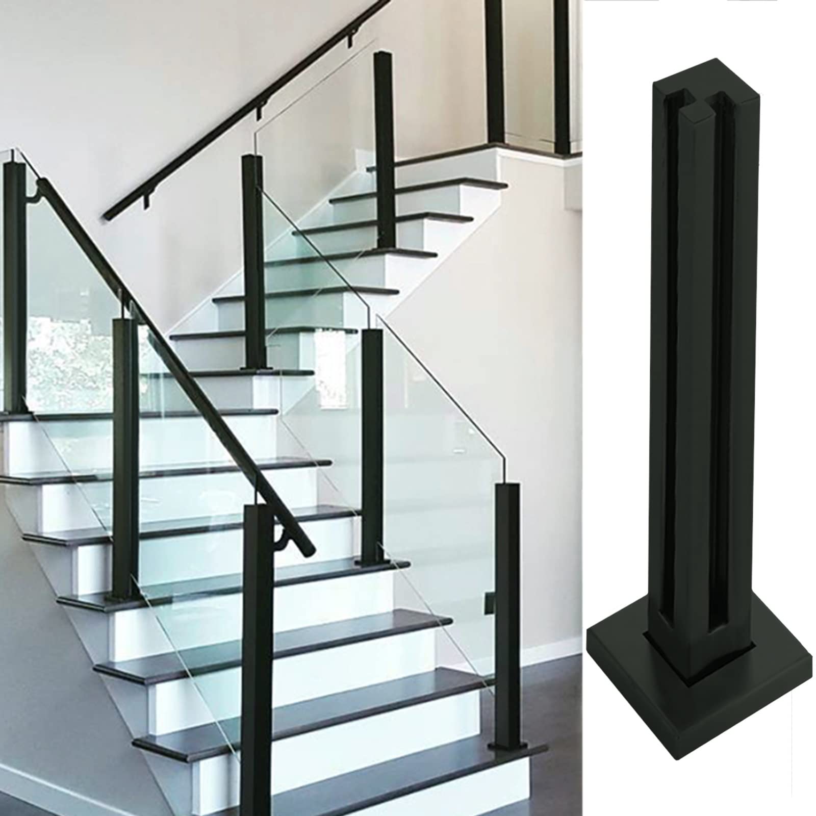 Abrazadera de poste de balaustrada cuadrada negra resistente para barandilla de panel/valla de 83.8 cm de altura poste de esquina con ranuras, ideal para sistemas de balaustres de loft y plataforma