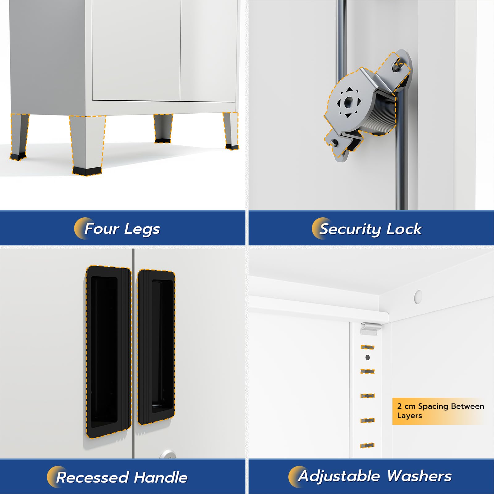 YOUDENOVA Armario archivador de metal de 180 x 80 x 40 con cerradura con 2 puertas, armario multiusos con 5 niveles, armario multiusos con estantes ajustables, color blanco