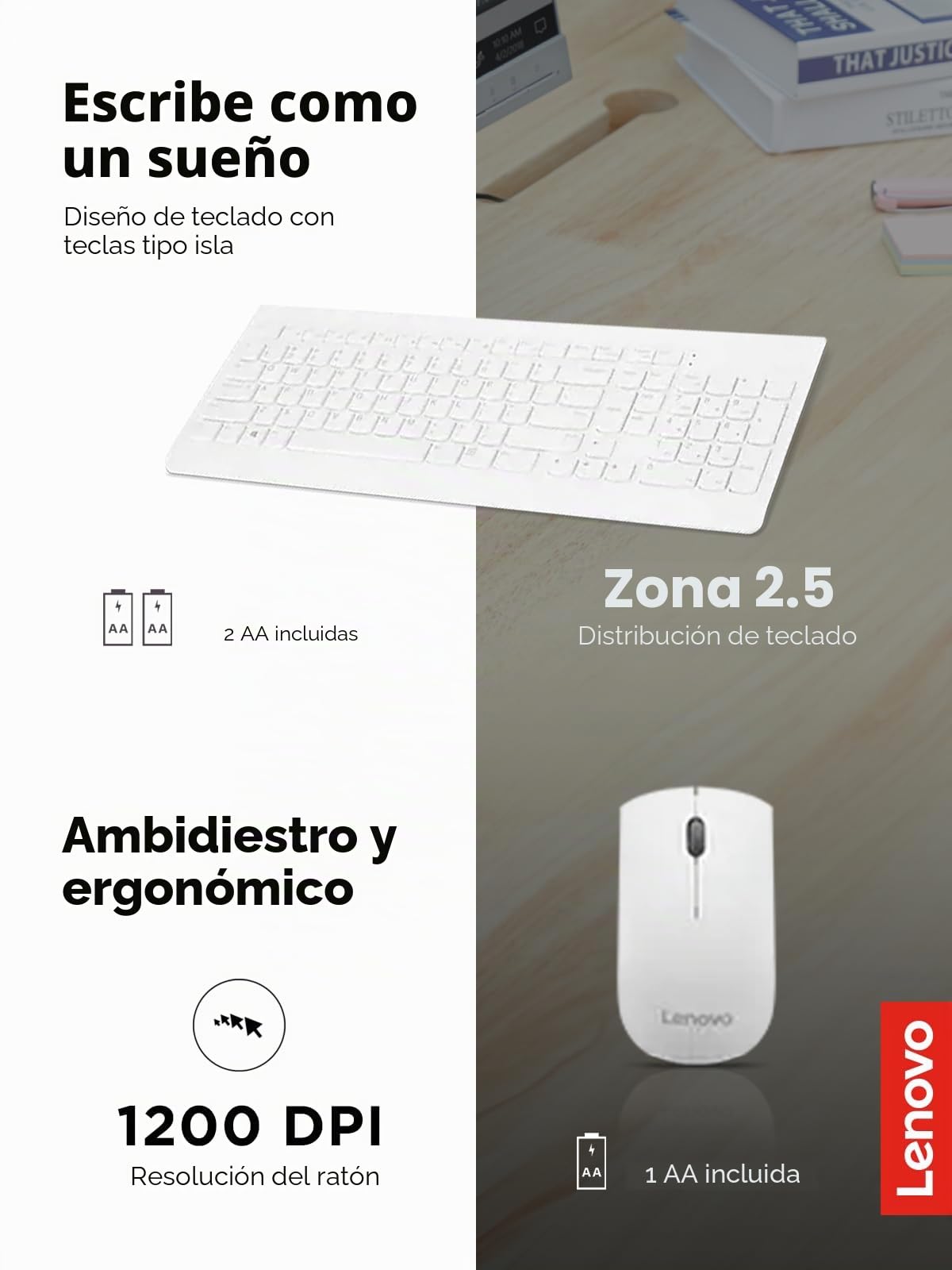 Lenovo Combo inalámbrico 510 con Receptor USB de 2,4 GHz, Teclado Delgado de tamaño Completo, Teclado de número Completo, ratón óptico de 1200 dpi, Mano Izquierda o Derecha, GX30W75336, Blanco
