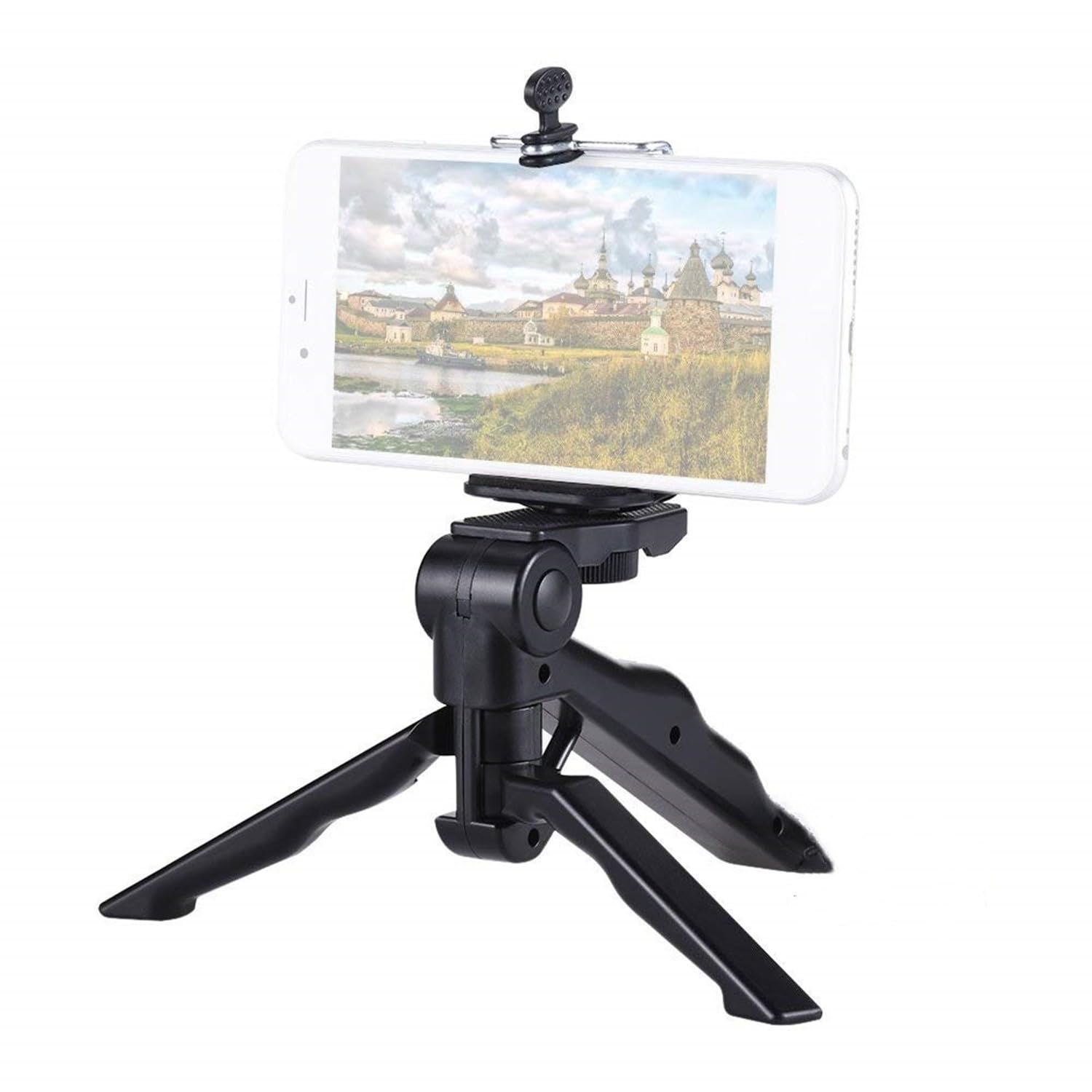 eWINNER Foldable 2 in 1 Hand Pistol type Table stand with mobile phone clip holder Hand held Mini Tripod Compatible with GoPro Action Camera/Smartphones/Nikon Canon Sony Digital DSLR Camera