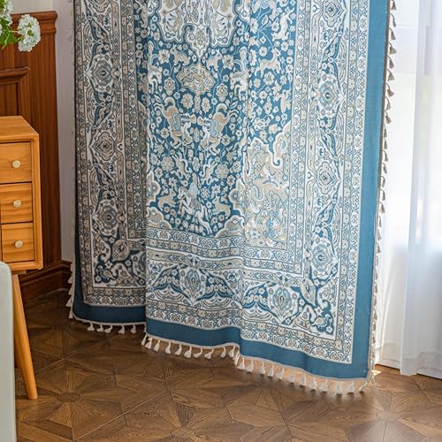 Image of Blue Medallion Curtains 84 Inches Long, Boho Farmhouse Light Filtering Rod Pocket Drapes with Tassel Trim for Bedroom Living Room, 2 Panels